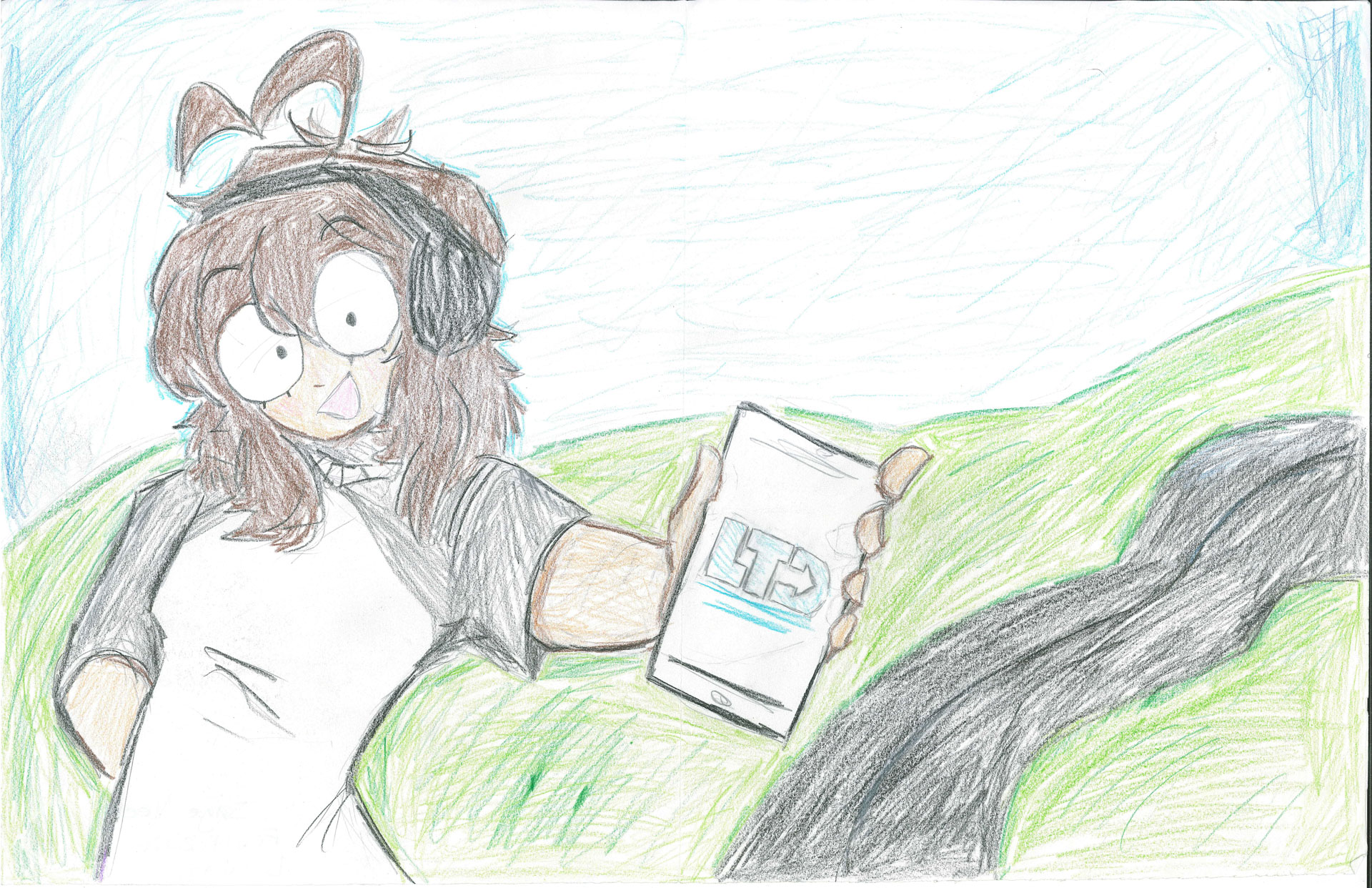A cartoon character with brown hair and headphones holds a smartphone displaying "LTP" on the screen, standing in front of a winding road and grassy hills.