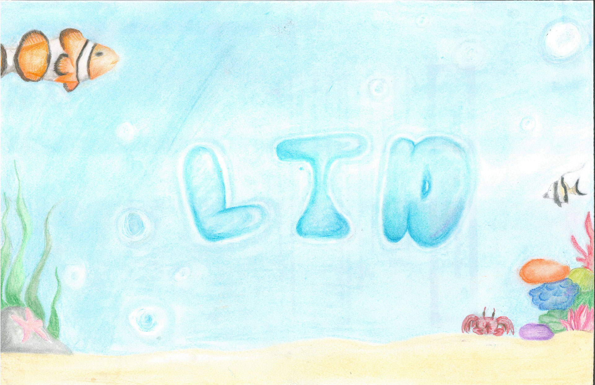 Underwater scene with "LTD" written in blue bubble letters, featuring a clownfish, seaweed, coral, a small crab, starfish, and another fish on a sandy ocean floor.