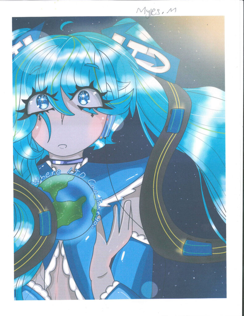 Anime-style character with long blue hair and blue eyes holds a globe in their hand, surrounded by space and stars, with "Where Did Contenance Go" written on the globe.