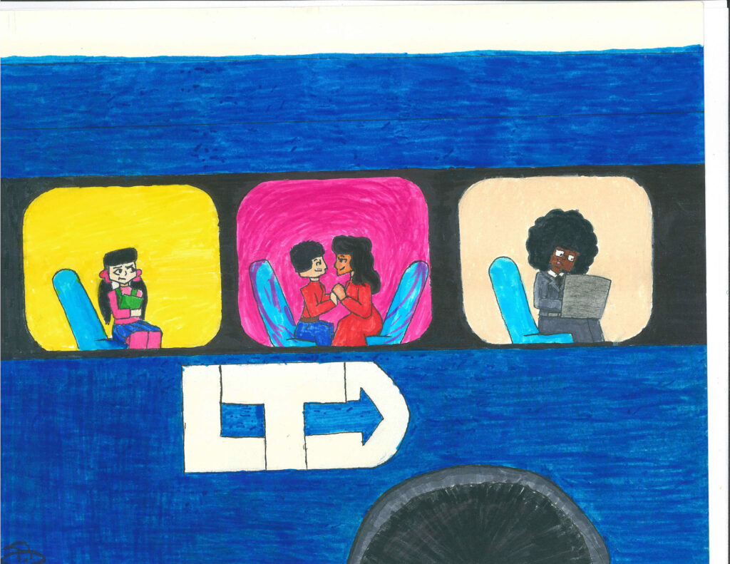 Three people sit on a blue bus. One person reads, two people talk in the middle, and one person works on a laptop. The bus has an "LTD" logo on it.