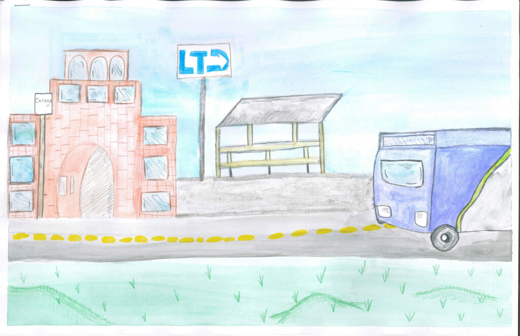 A blue and green bus approaches a bus stop shelter. Nearby, there is a brick building marked "CHICO" and a sign with "LTD" written on it. The scene is set under a blue sky.