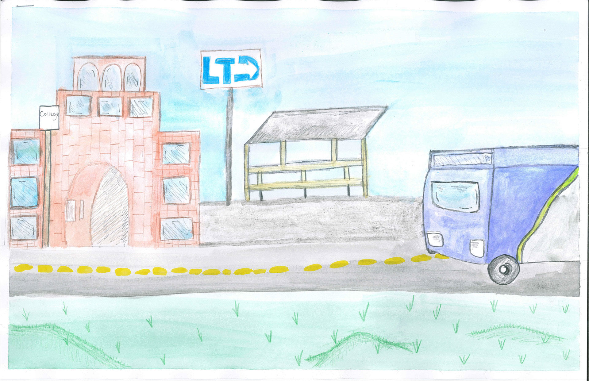 A blue and green bus approaches a bus stop shelter. Nearby, there is a brick building marked "CHICO" and a sign with "LTD" written on it. The scene is set under a blue sky.