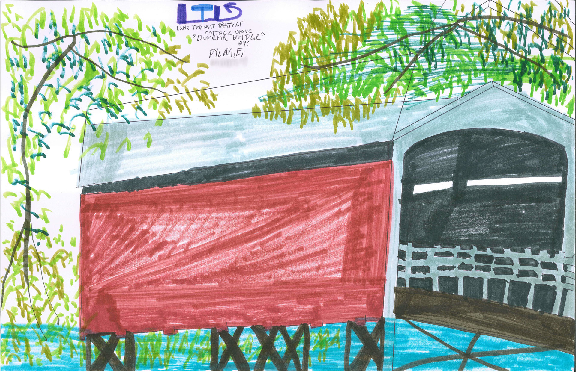 A drawing of a red covered bridge over blue water, surrounded by green trees with a note reading &ldquo;Lanes Trussist District Covered Bridge by Dylan E.&rdquo;.