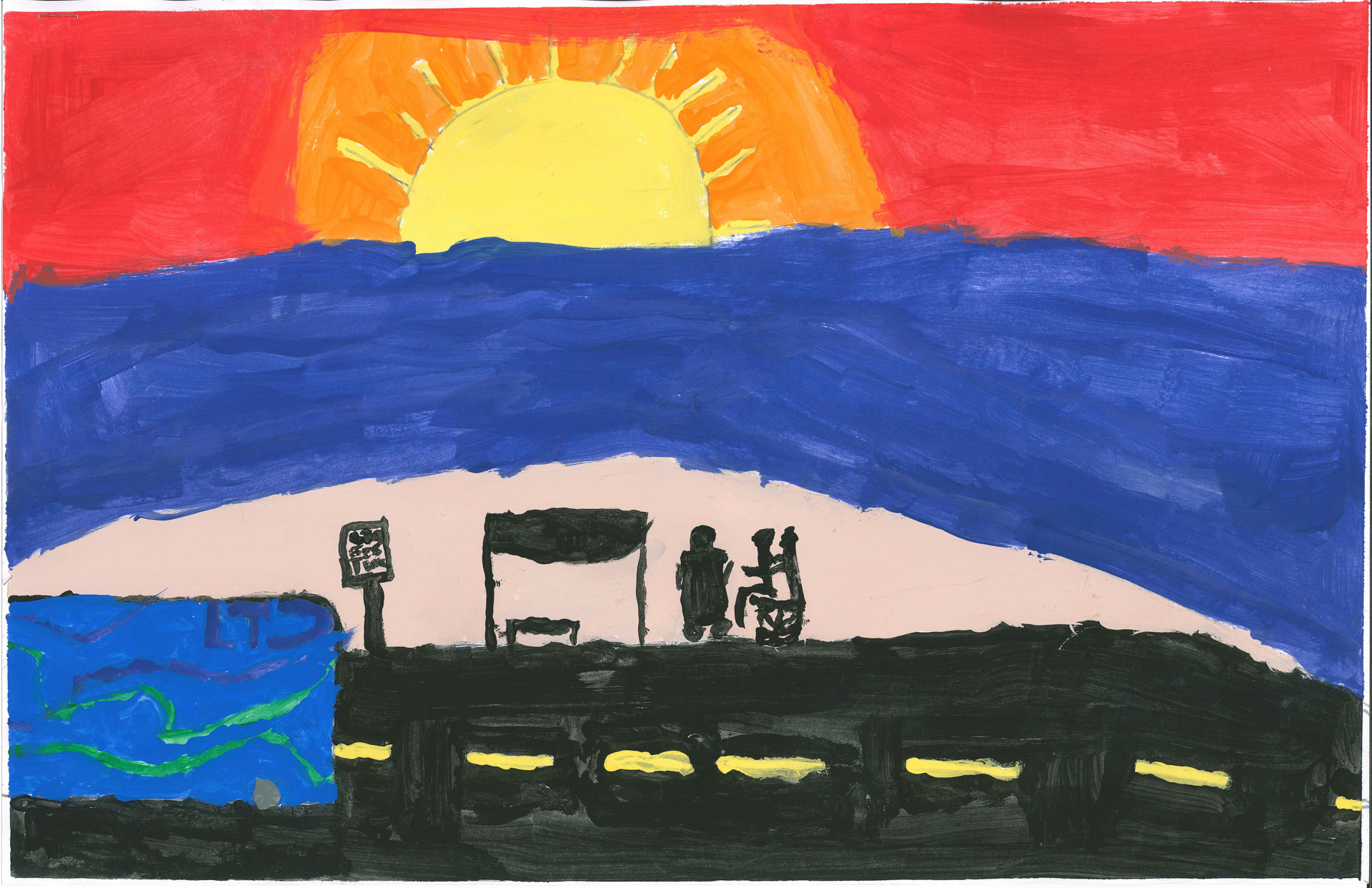 Childlike painting of two figures at a bus stop on a road, with a vibrant sunset over blue hills in the background.