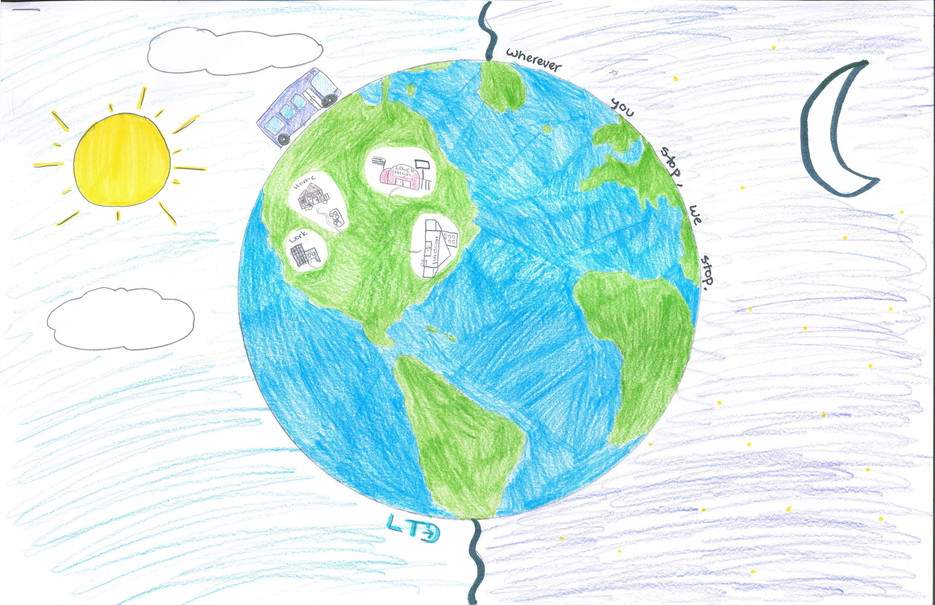 A drawing of Earth divided by day and night, with the sun and moon, clouds, and icons of a bus, house, and buildings; text reads, "wherever you are, we are.
