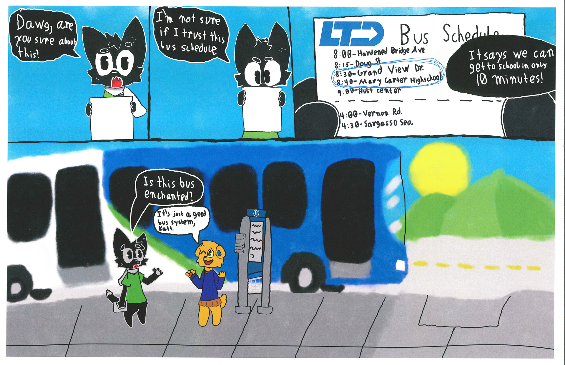 Two cartoon animals check a bus schedule at a stop; one holds the schedule, another points at it, and a third observes, with a blue bus in the background.