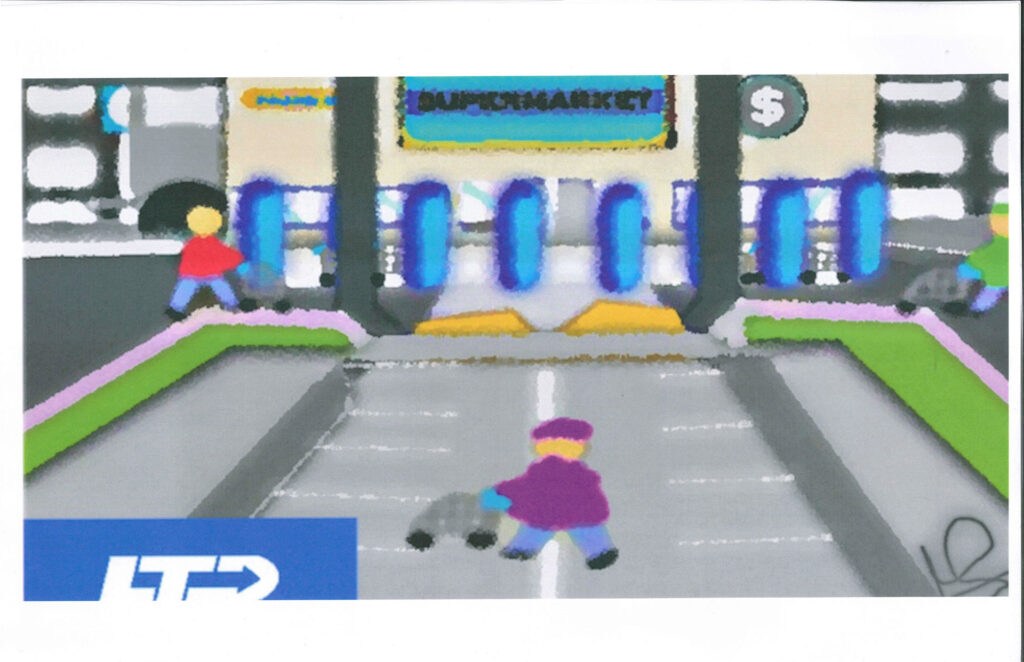 Illustration of people walking toward the entrance of a supermarket with shopping carts; bus and dollar sign in the background, LTD logo in corner.