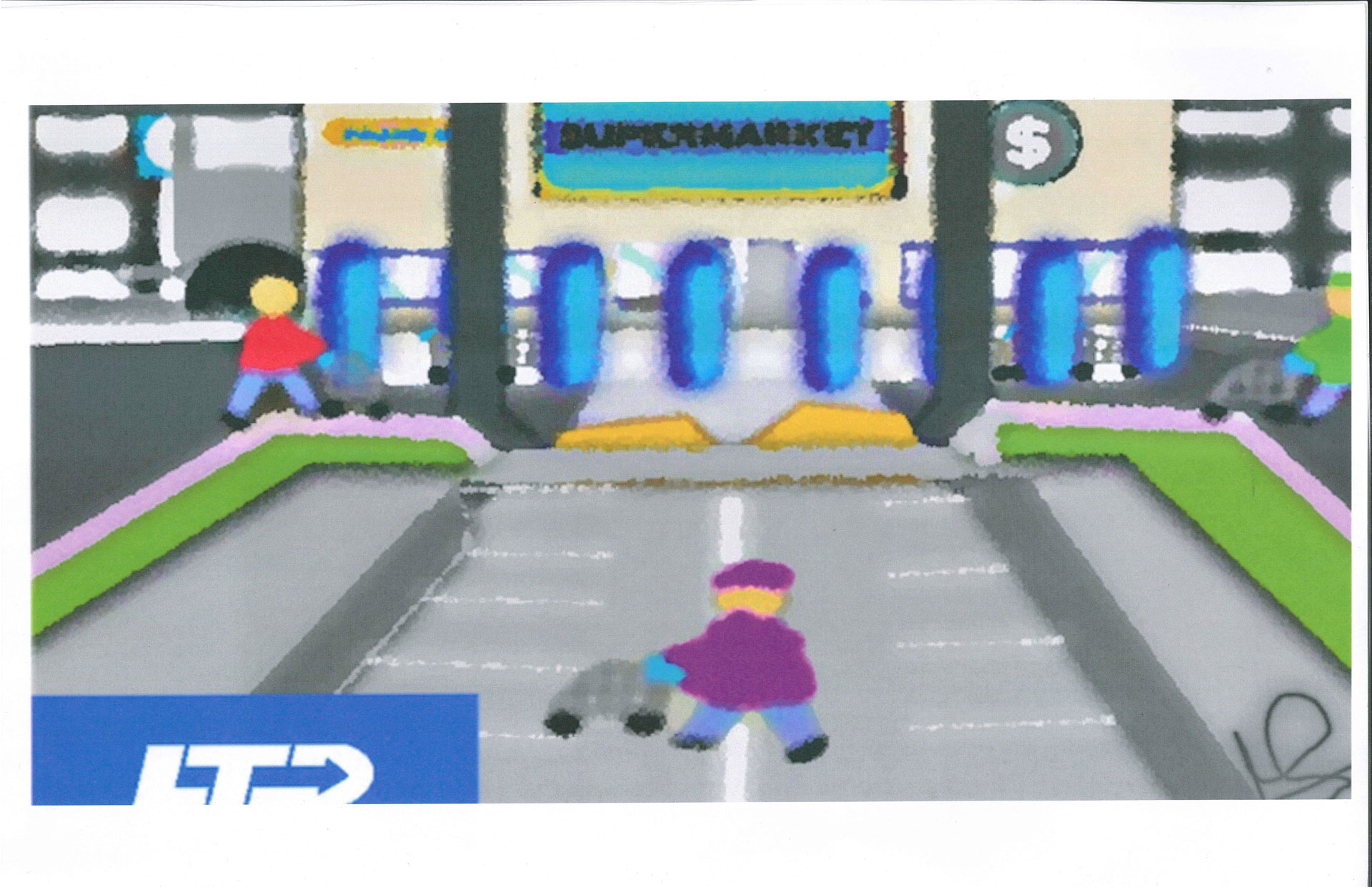 Illustration of people walking toward the entrance of a supermarket with shopping carts; bus and dollar sign in the background, LTD logo in corner.