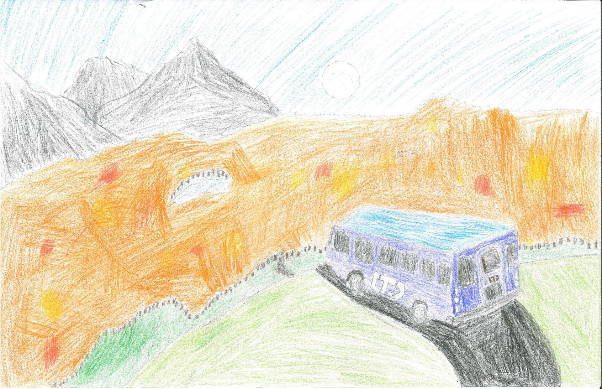 A blue LTD bus drives on a road through green grass toward orange-brown hills with mountains and a sun in the background. The scene is drawn with colored pencils.