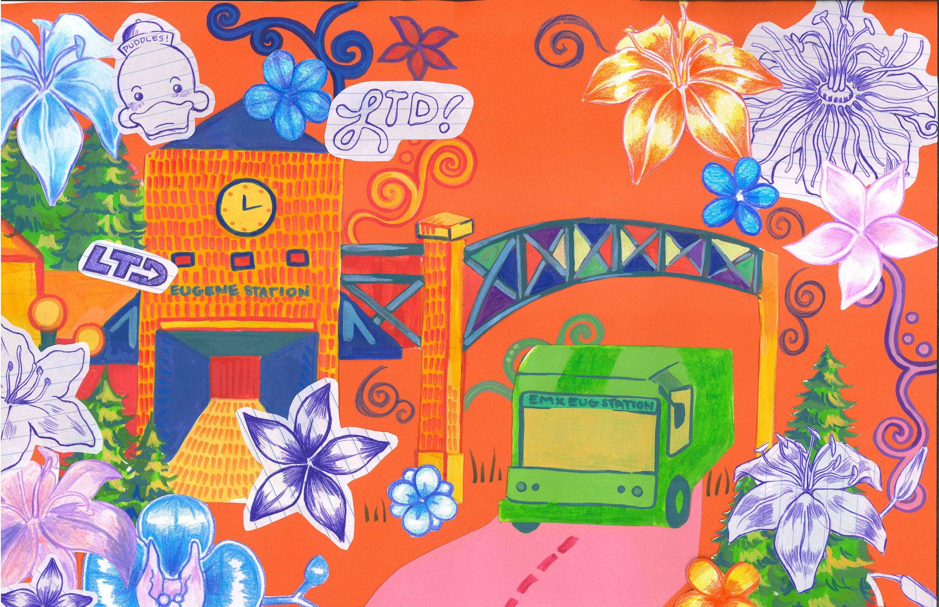 Illustration of a green bus approaching a yellow-brick bus station with a clock tower, floral patterns, and colorful flowers on an orange background.