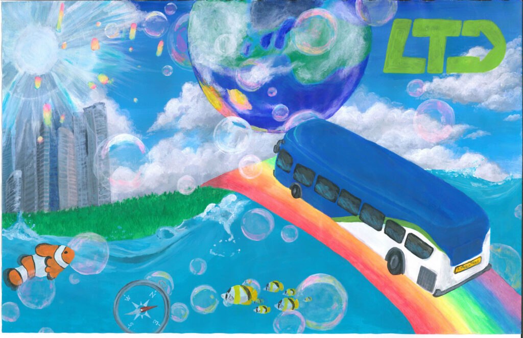 A blue and white bus travels on a rainbow above water, with fish, bubbles, a compass, city skyscrapers, Earth, and the LTD logo in the background.