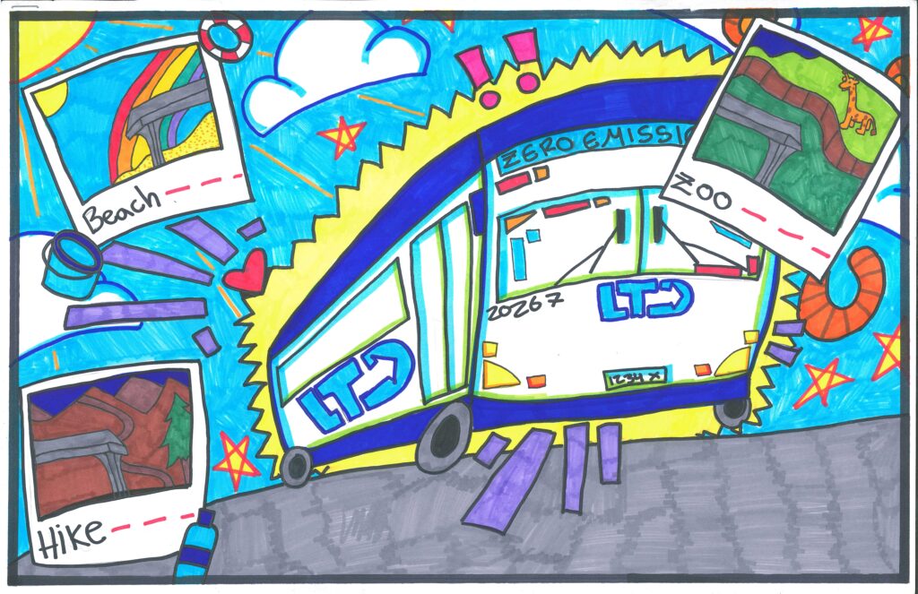 A colorful drawing of a bus labeled "LTD ZERO EMISSION" on a road, surrounded by illustrated polaroids labeled "Beach," "Hike," and "Zoo" with related images.