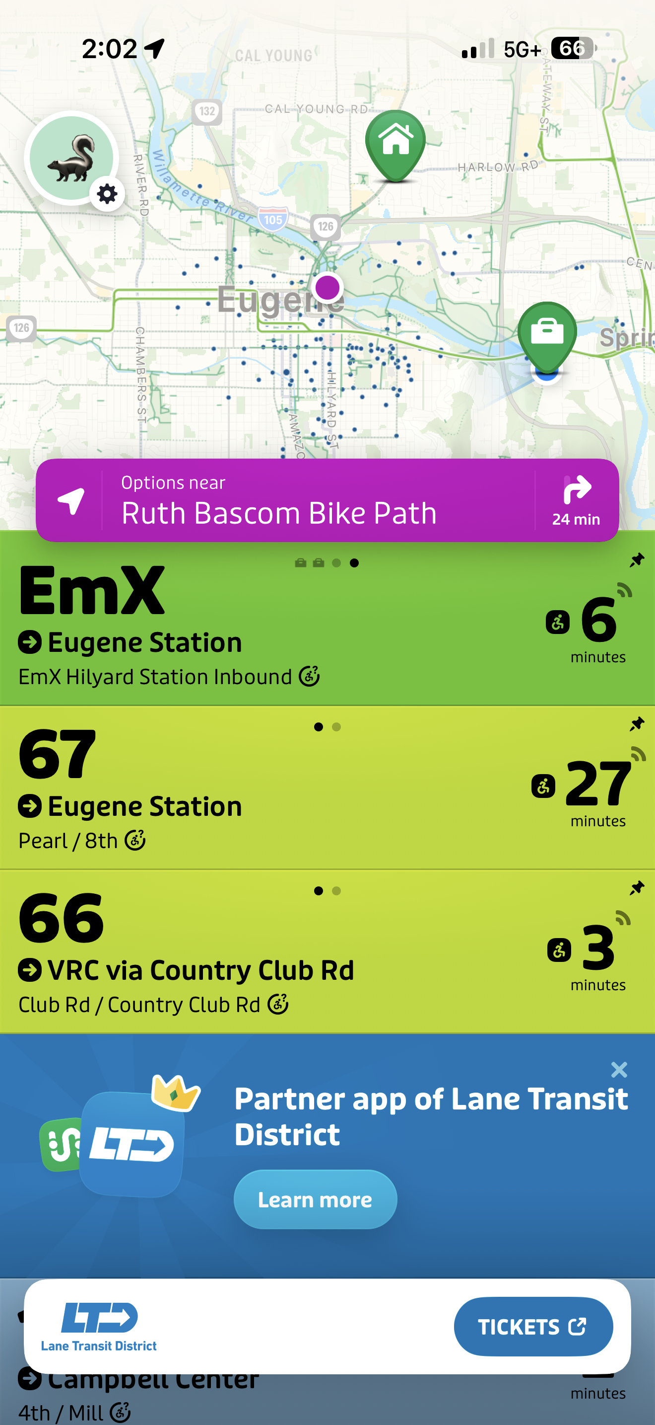 A mobile app screen shows Eugene bus routes EmX, 67, and 66 with estimated arrival times of 6, 27, and 3 minutes. A map and Lane Transit District promotion appear above and below.