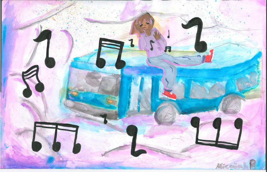 A person sits on top of a blue bus, surrounded by large black musical notes, with a pastel-colored abstract background.