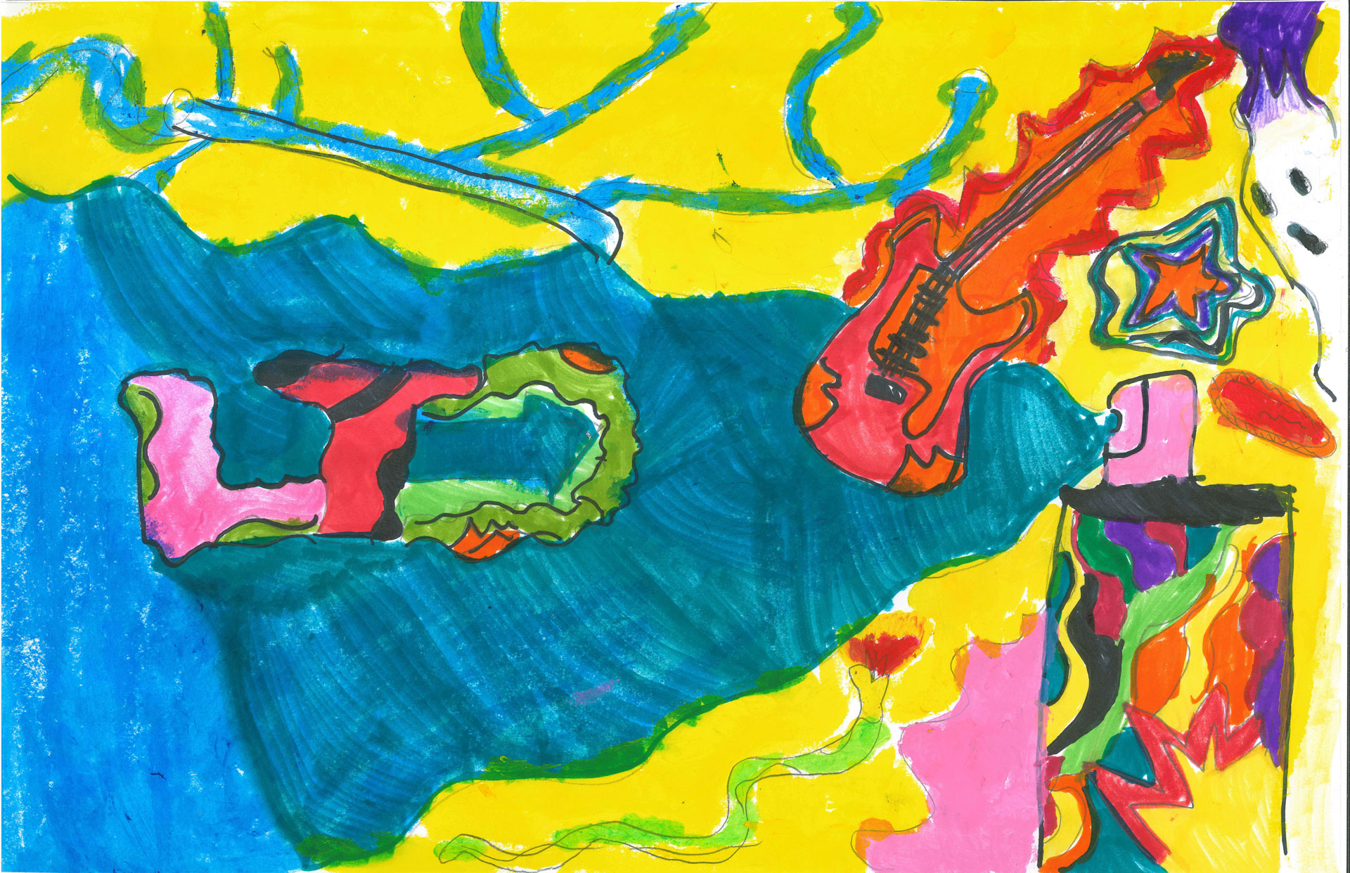 Colorful abstract painting featuring a red electric guitar, a star, and irregular shapes on a vibrant blue, yellow, and pink background.