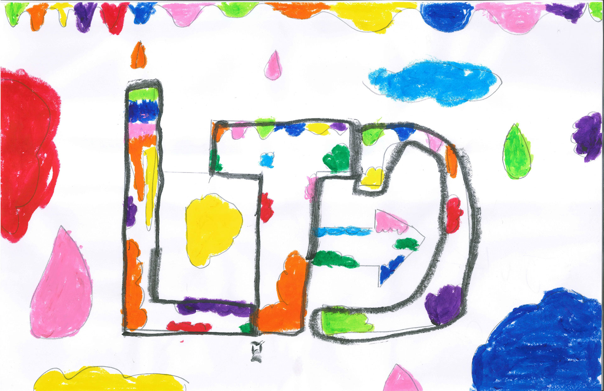 Colorful drawing of the letters "LTD" outlined in black, filled with various colors and surrounded by colorful clouds and teardrop shapes on a white background.