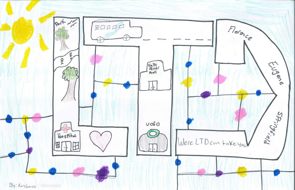 A colorful drawing shaped like the letters &ldquo;LTD,&rdquo; featuring a road with a bus, parks, buildings, and labeled towns Eugene and Florence, promoting public transportation.