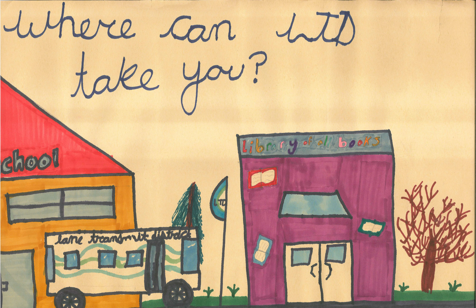 A child&rsquo;s drawing shows a bus labeled "Larne Strandmillis," a school, and a library building under text reading "Where can LTS take you?.