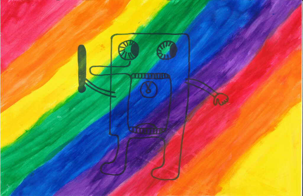A simple line drawing of a robot holding an object stands against a background of diagonal rainbow-colored stripes.