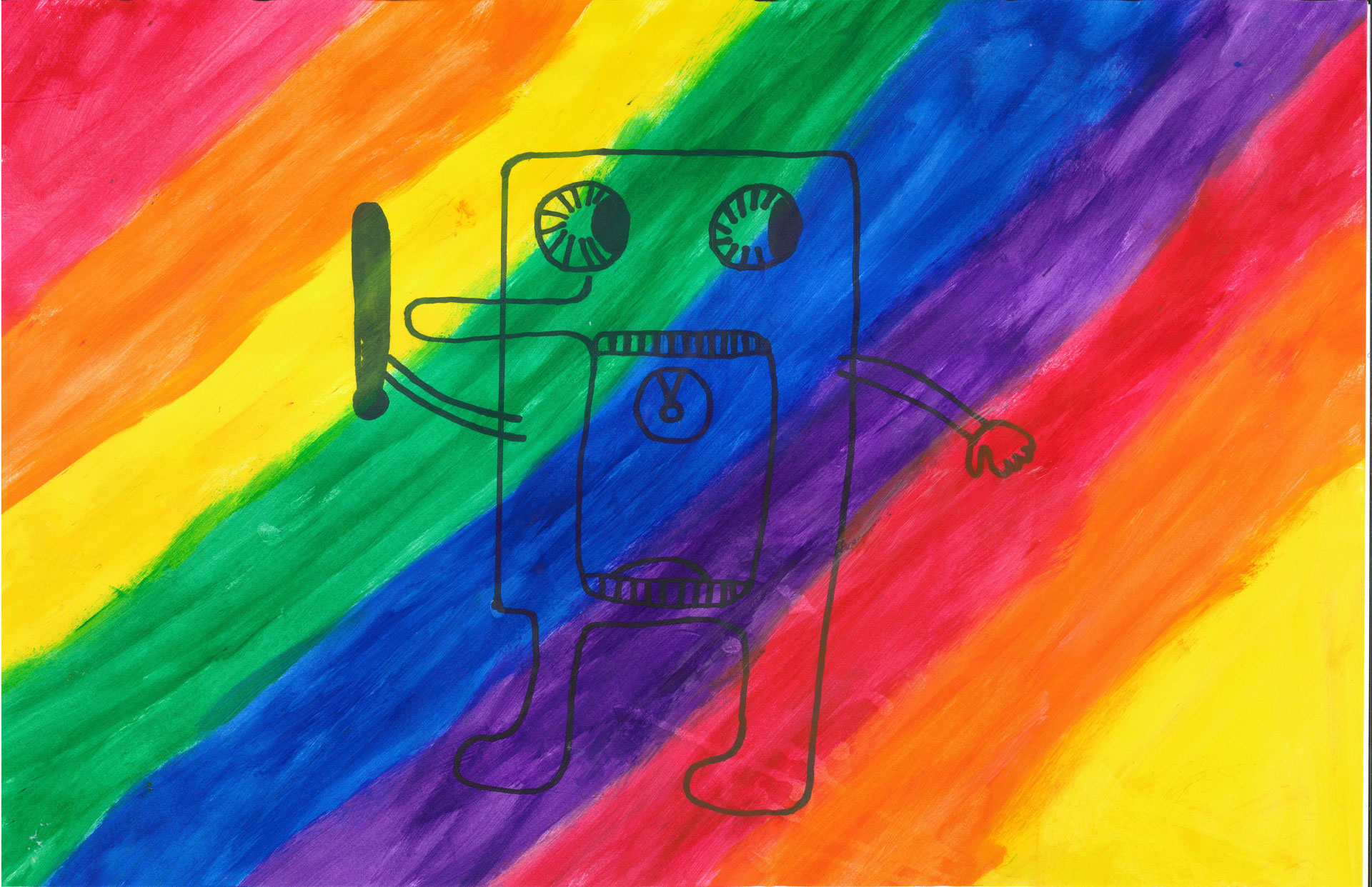 A simple line drawing of a robot holding an object stands against a background of diagonal rainbow-colored stripes.