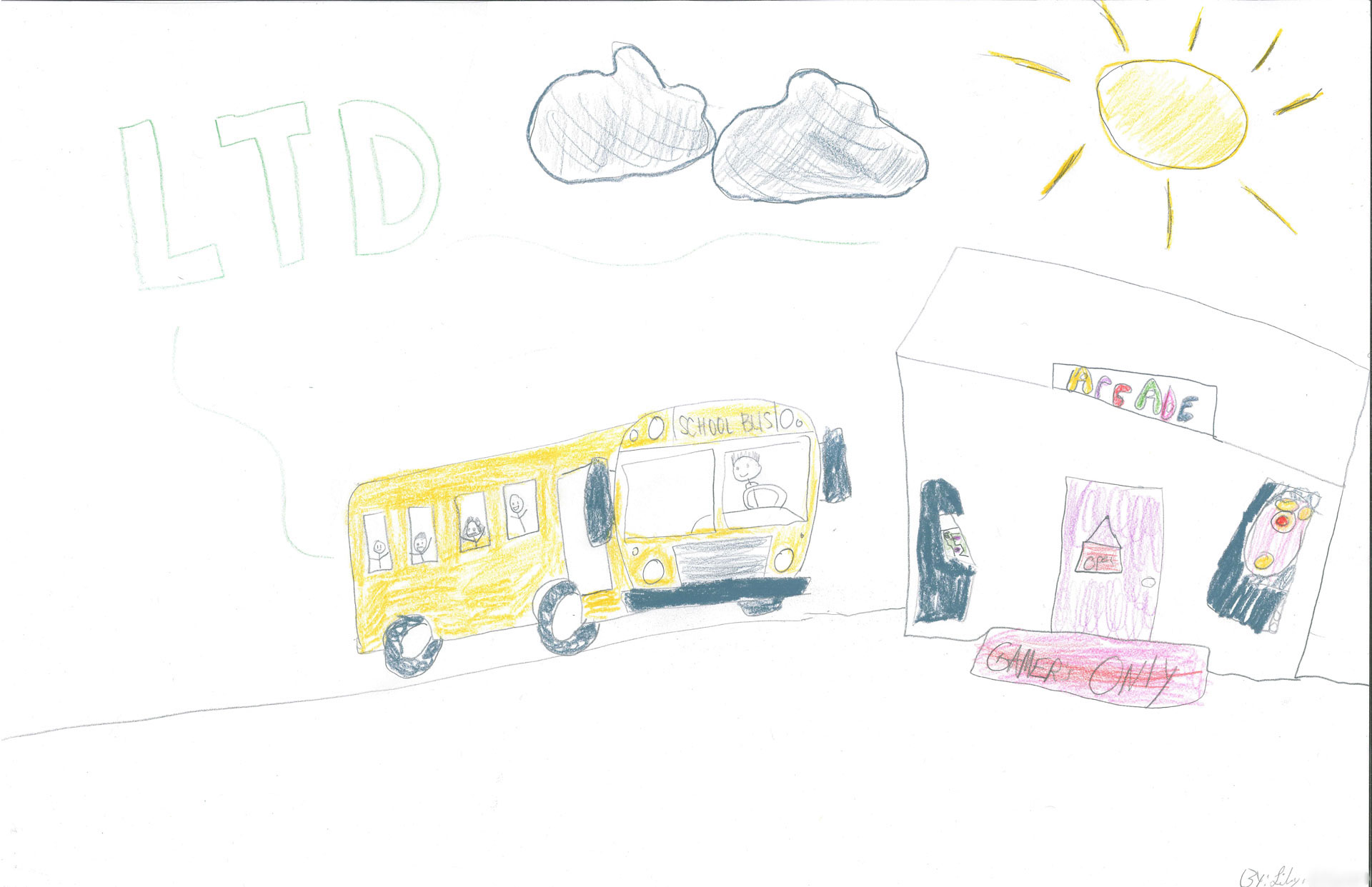 Child&rsquo;s drawing of a yellow school bus labeled &ldquo;CHILD BUS&rdquo; near a building labeled &ldquo;ARCADE,&rdquo; with clouds, a sun, and the letters &ldquo;LTD&rdquo; in the sky.