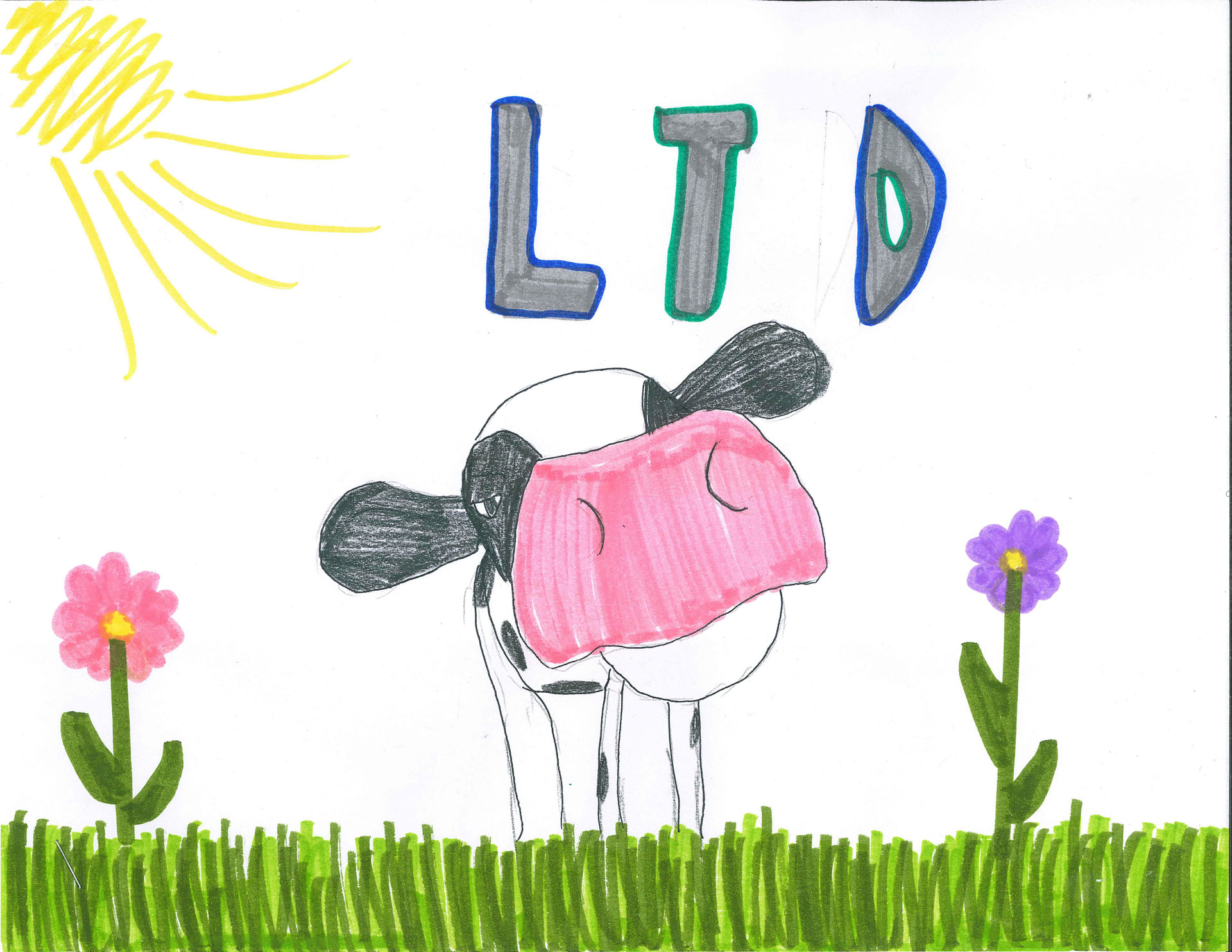 A drawing of a cow standing on grass between two flowers, with the letters "LTD" above and a yellow sun in the top left corner.
