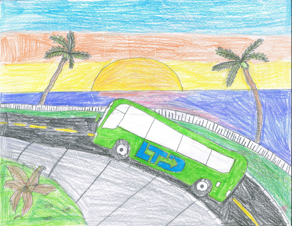 A green bus with "LTD" on its side drives on a curved road by the ocean at sunset, with palm trees and colorful sky in the background.