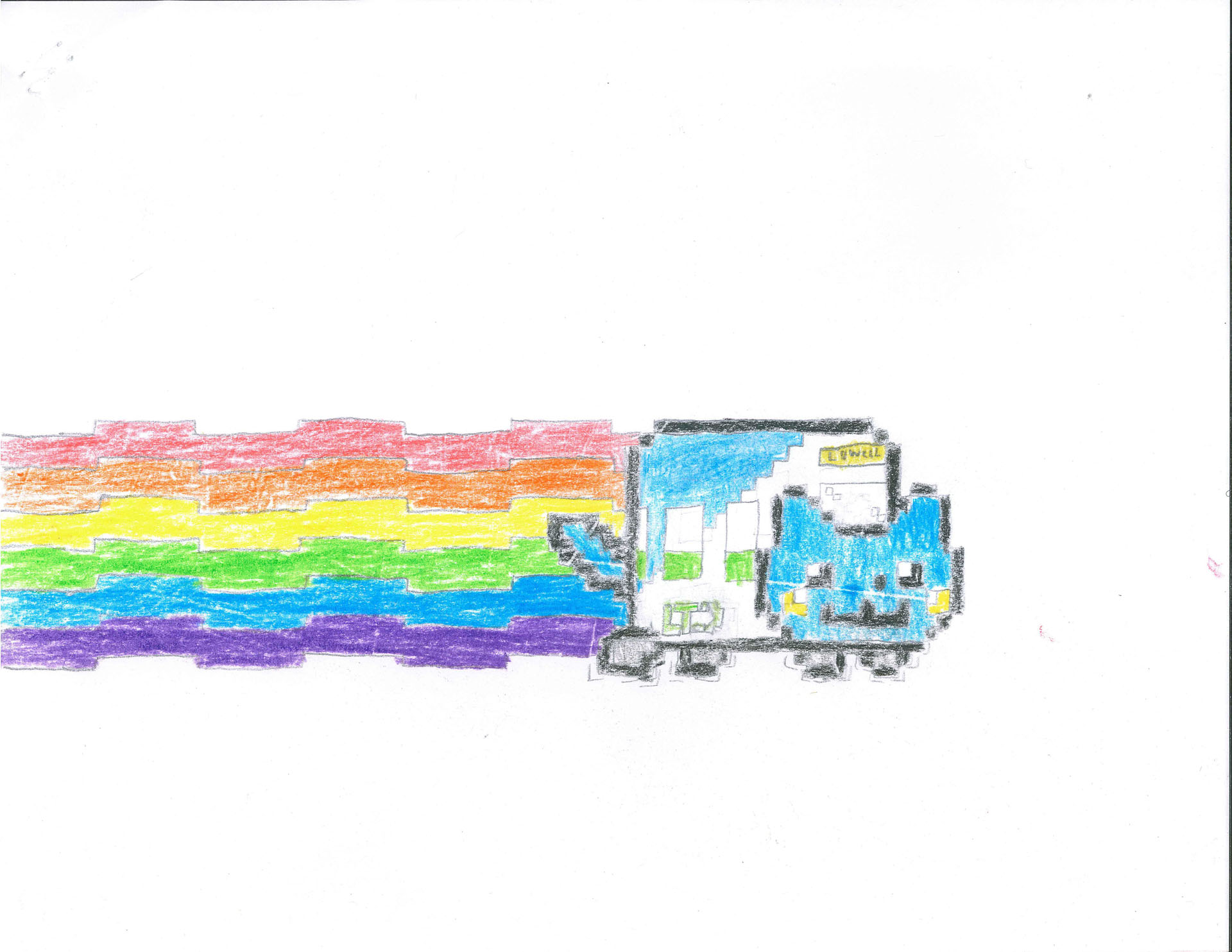 A pixel art-style blue subway train with a cat&rsquo;s face leaves a trail of rainbow stripes as it moves right on a white background.