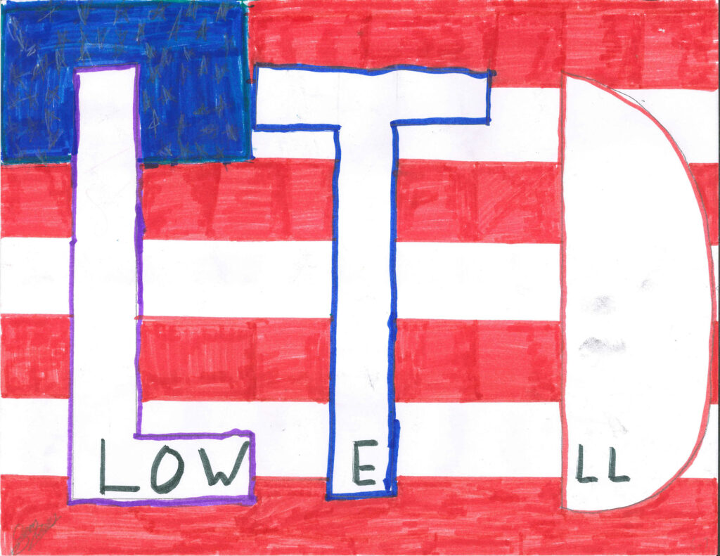 A drawing of the American flag with large white letters "LTD" outlined in blue and the word "LOWELL" spelled out in smaller letters across the bottom.