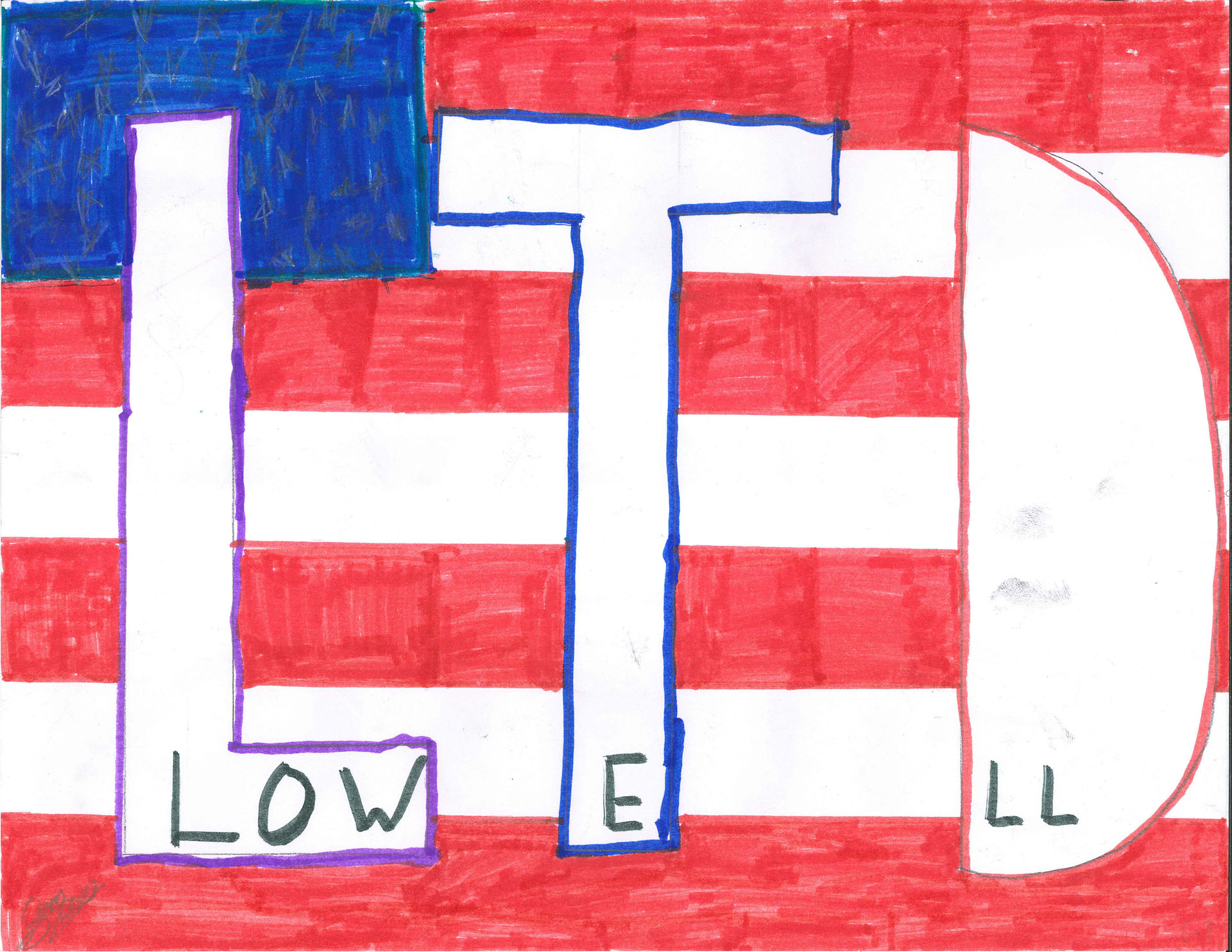 A drawing of the American flag with large white letters "LTD" outlined in blue and the word "LOWELL" spelled out in smaller letters across the bottom.