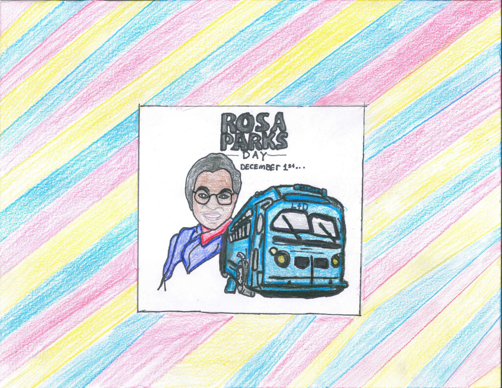 Hand-drawn image of Rosa Parks beside a blue bus, with text &ldquo;Rosa Parks Day December 1st&rdquo; on a square background, over diagonal pastel stripes.