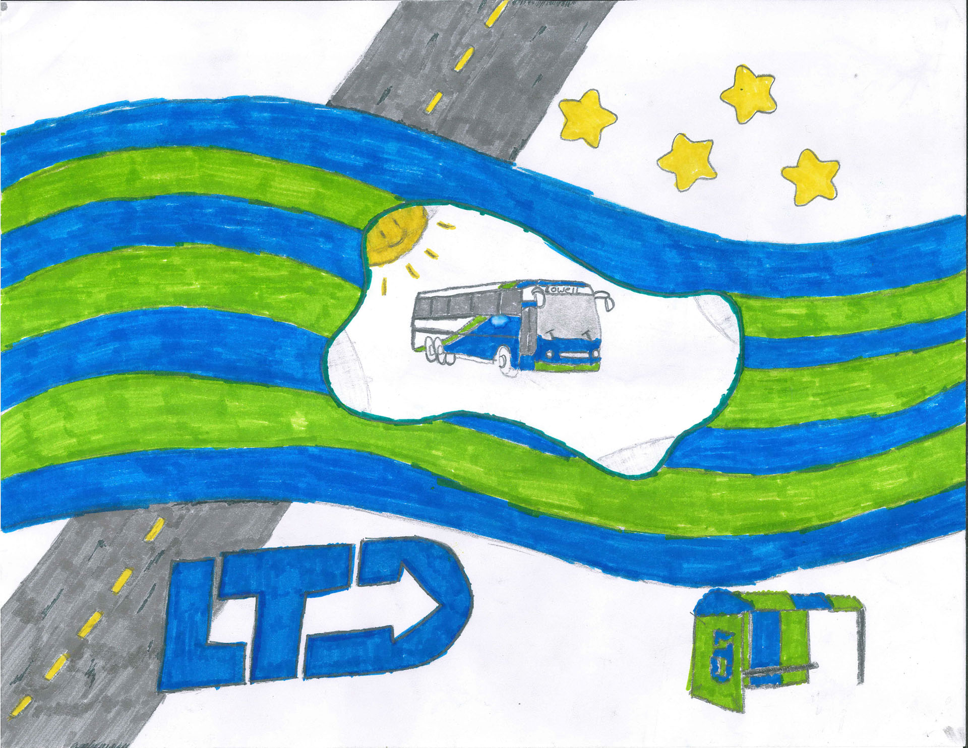 Hand-drawn image of a blue and green wavy flag with a bus in the center, four yellow stars, LTD text, a bus stop, and a gray road with a yellow dashed line.