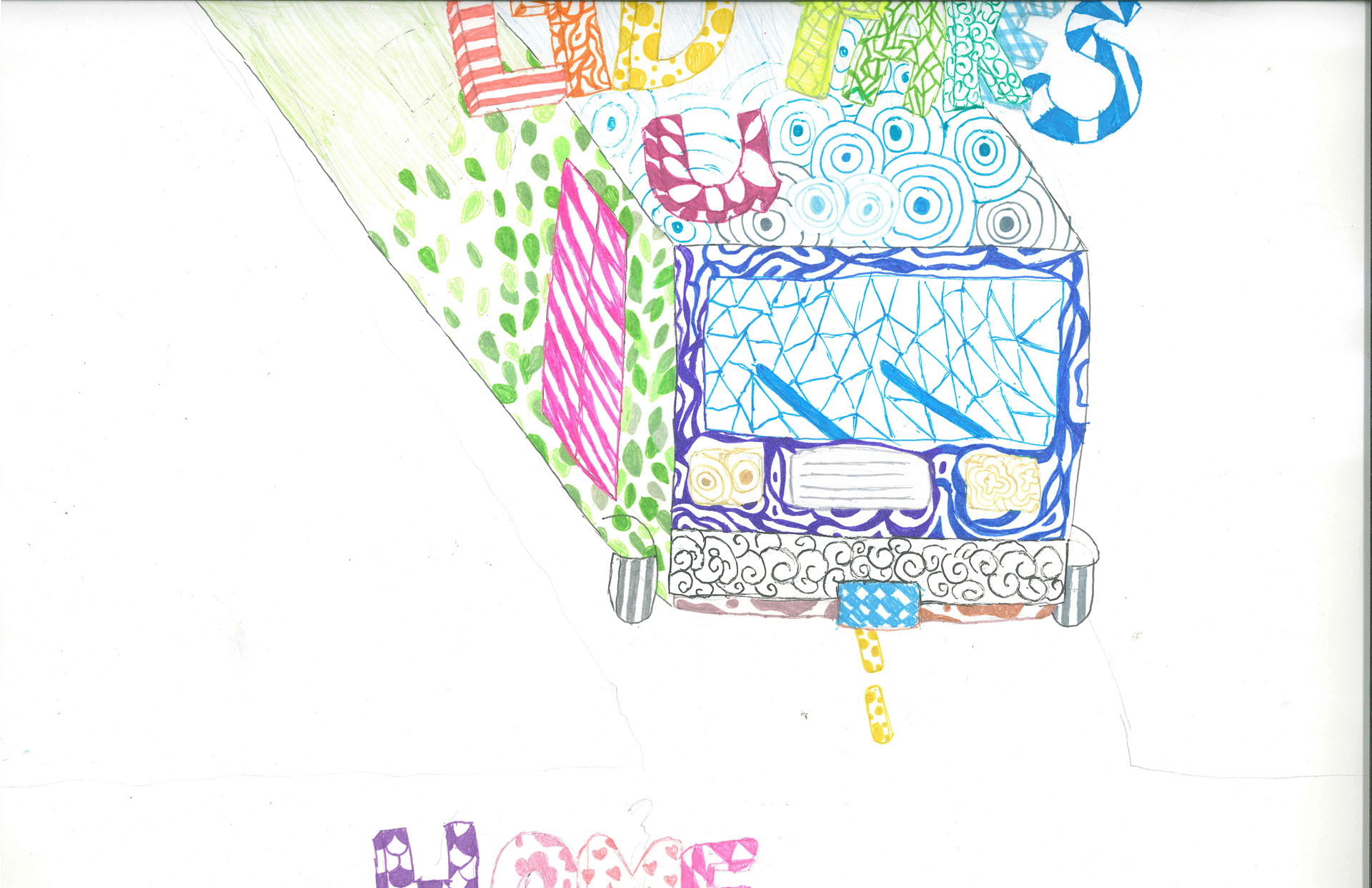 A colorful, patterned truck drives on a road with the words "OLD TRUCKS" above it and "HOME" below, set against a mostly white background.