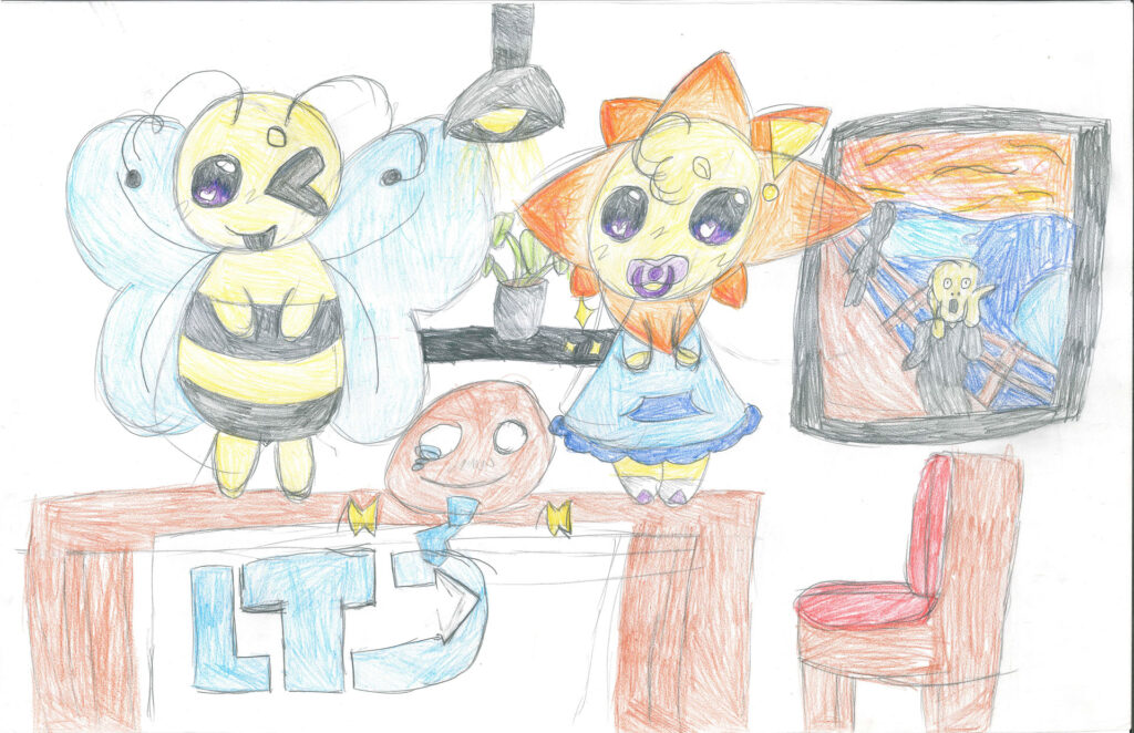 Three cartoon characters, including a bee and a sun, are in a room with a red chair and a desk labeled "LT3." A parody of "The Scream" painting hangs on the wall.