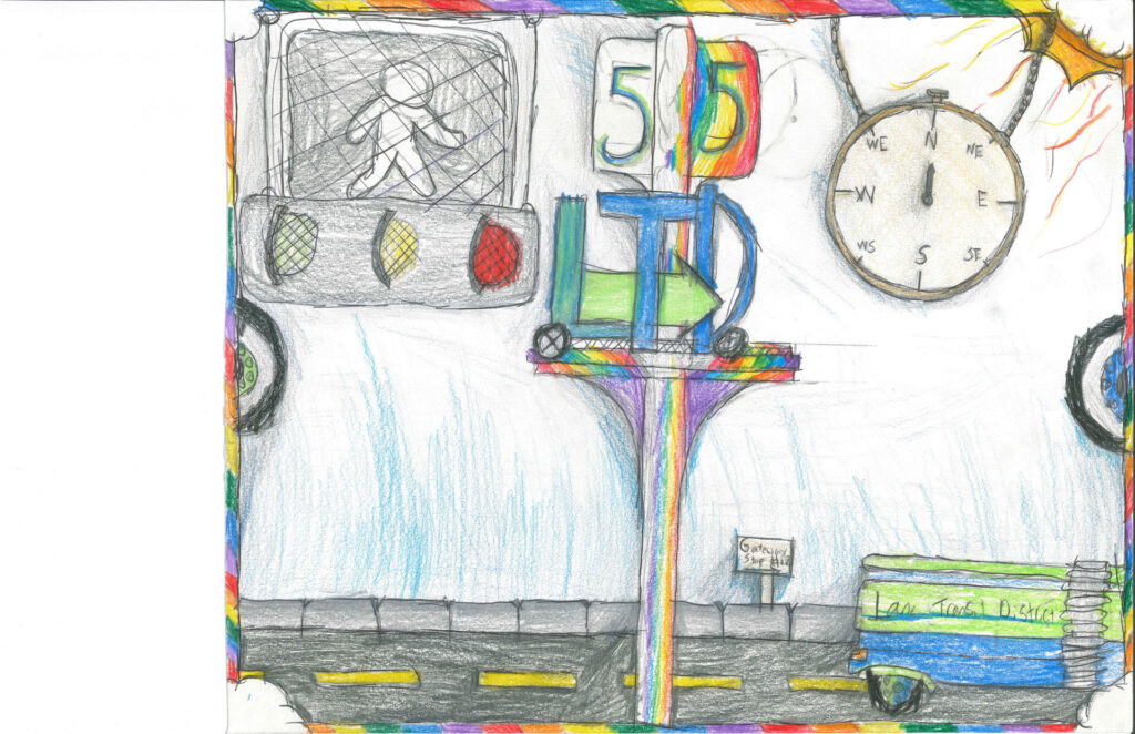 Colorful drawing of a street scene with a traffic light, a speed limit sign showing 50, a compass, a street sign saying "Gateway Blvd," and a bus labeled "Law Gateway Library.