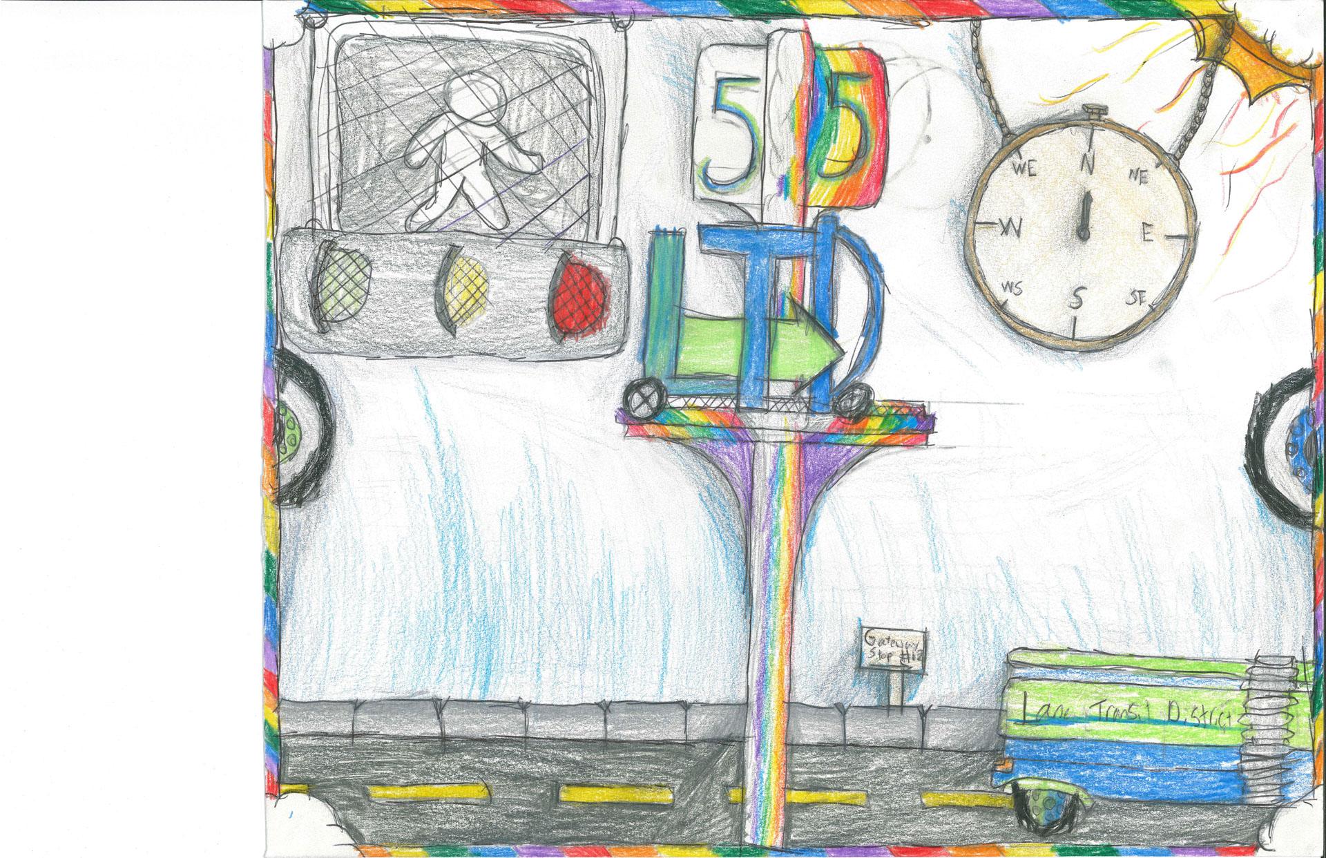 Colorful drawing of a street scene with a traffic light, a speed limit sign showing 50, a compass, a street sign saying "Gateway Blvd," and a bus labeled "Law Gateway Library.