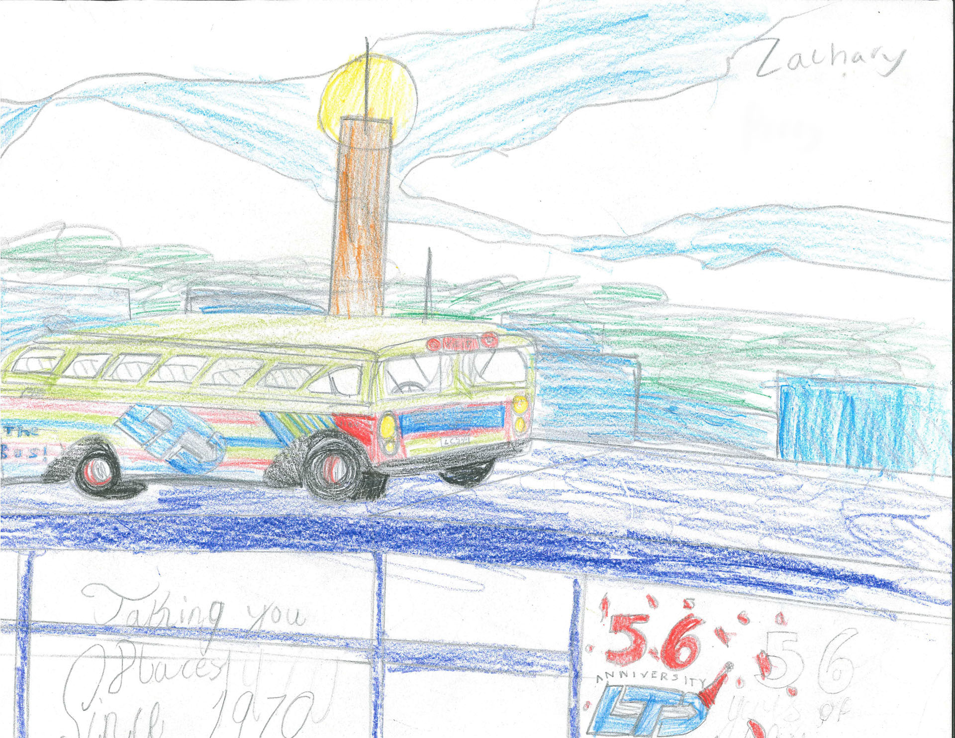 A colorful drawing of a bus parked near a fence with a tall tower and hills in the background, signed "Zachary." There is a "56th anniversary" note in the foreground.