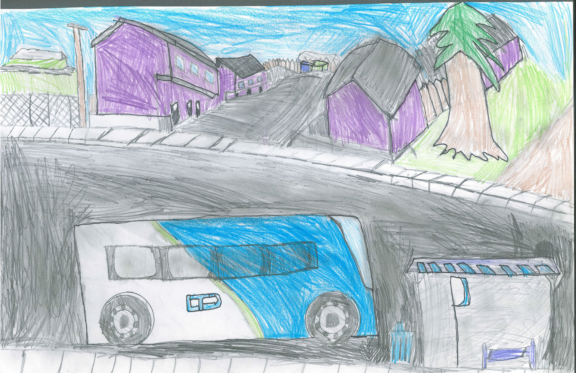 A hand-drawn scene shows a blue and white bus on a street with purple houses, a tree, a dumpster, and a blue sky in the background.