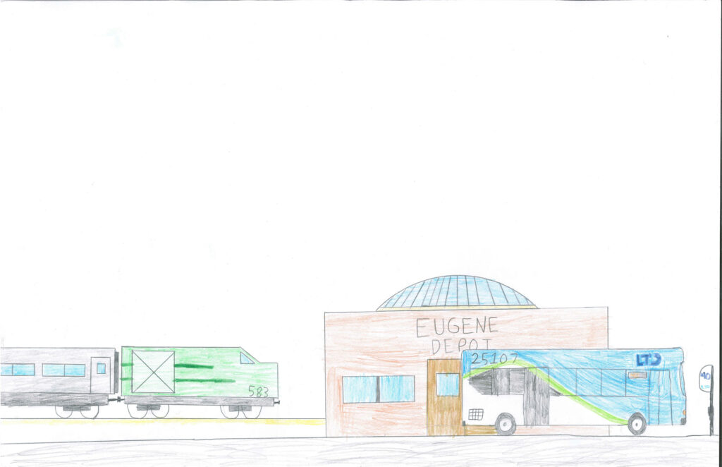 A hand-drawn image of Eugene Depot with a green train on the left and a blue LTD bus labeled 2517 parked on the right in front of the building.