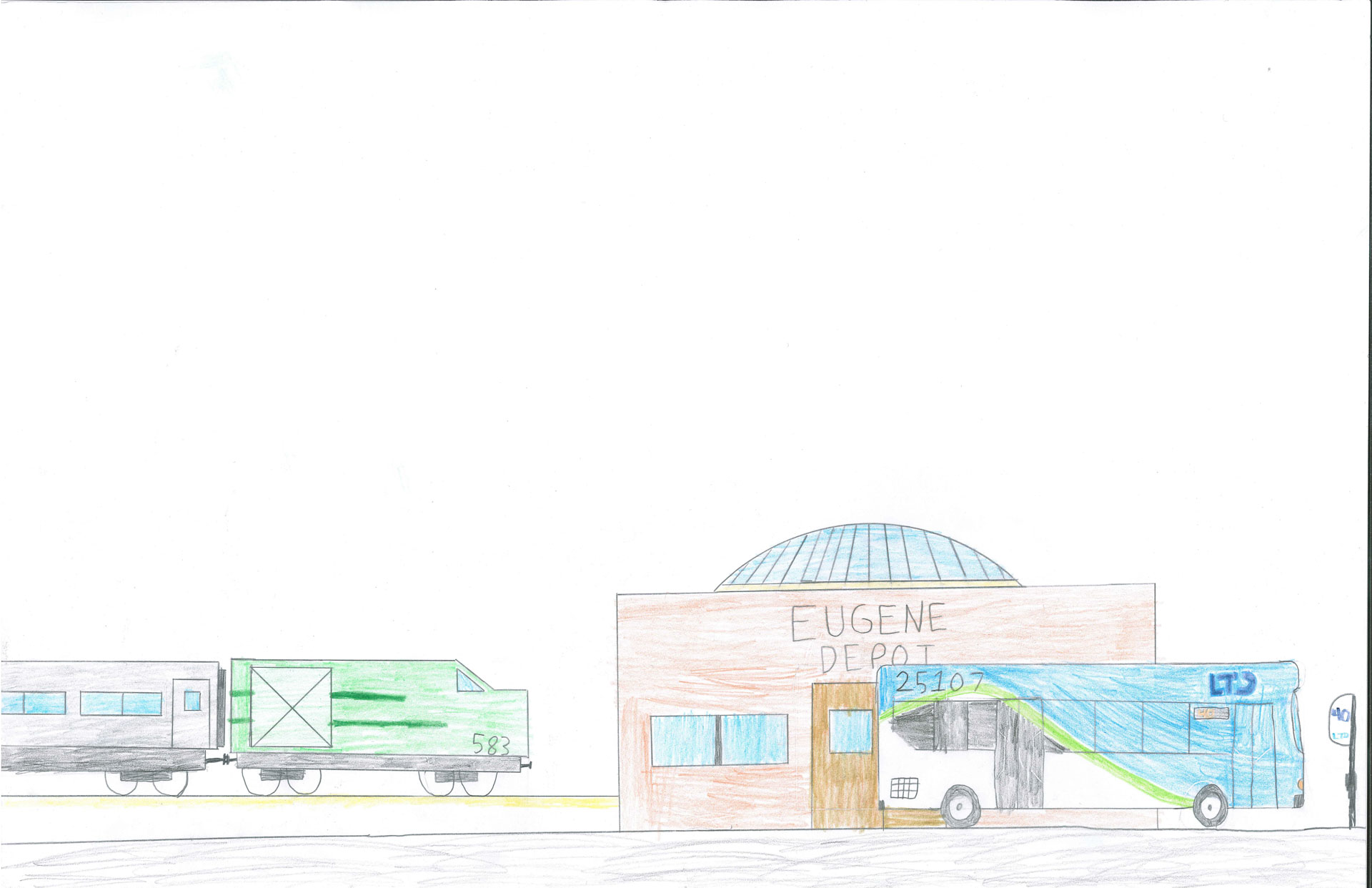 A hand-drawn image of Eugene Depot with a green train on the left and a blue LTD bus labeled 2517 parked on the right in front of the building.