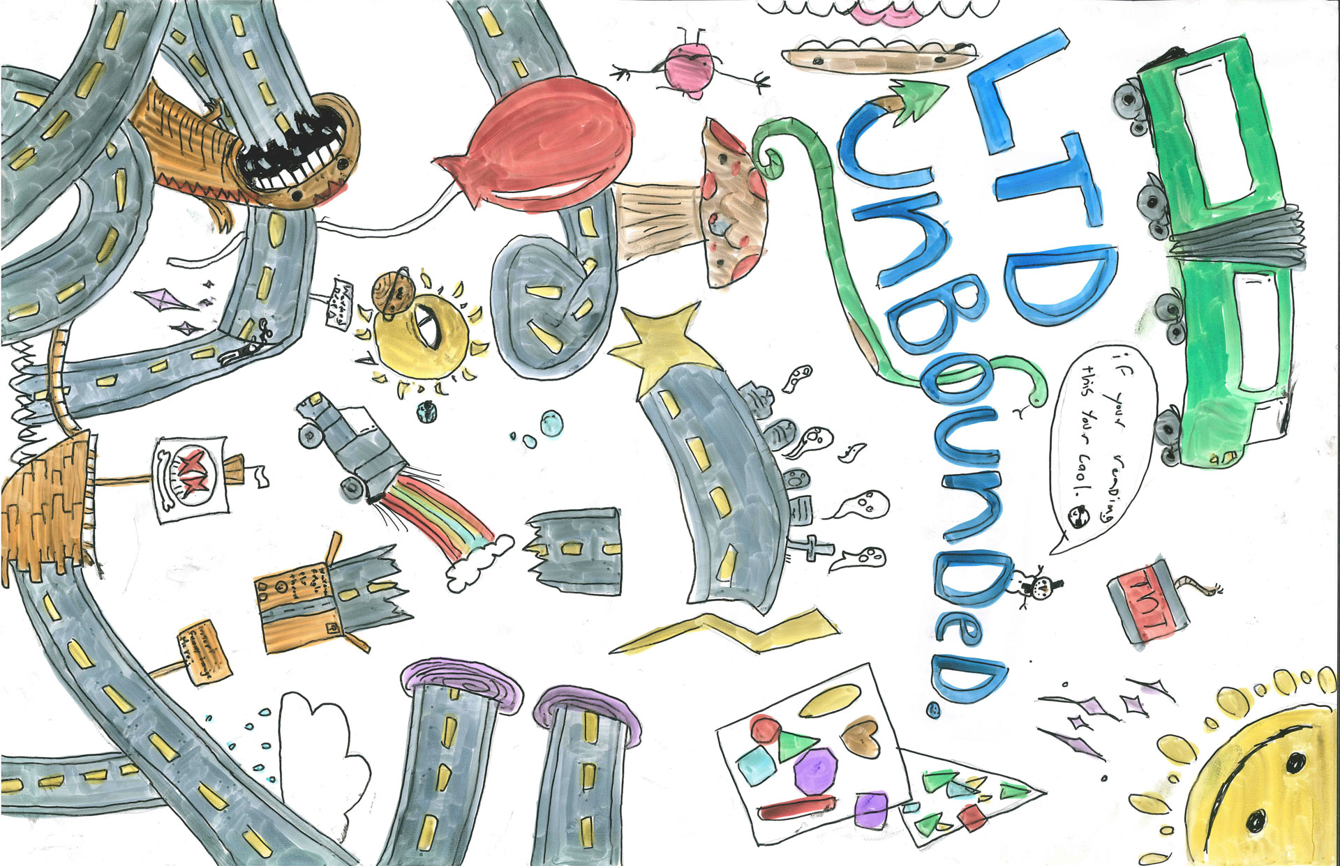 A colorful, hand-drawn collage featuring winding roads, trucks, a hot air balloon, a sun, a rainbow, floating hearts, mushrooms, and the words "LTD UNBOUNDED" in large letters.