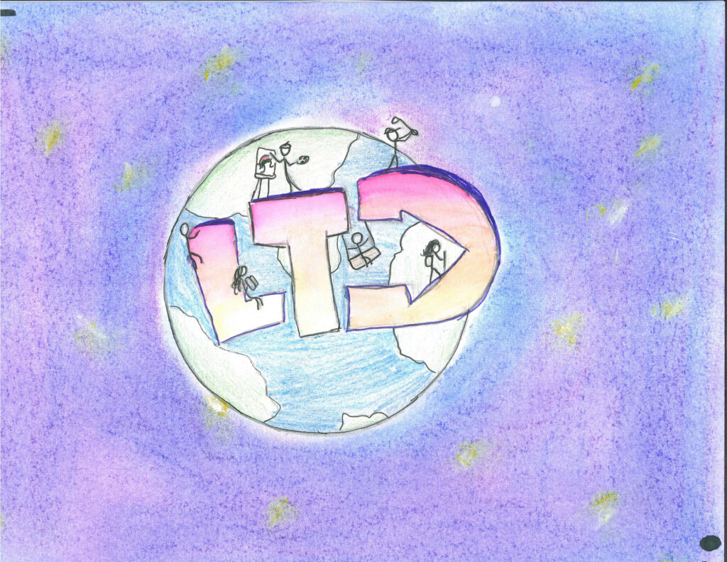 A drawing of Earth with large letters "LTD" across it, surrounded by small human figures, set against a purple sky with small yellow stars.