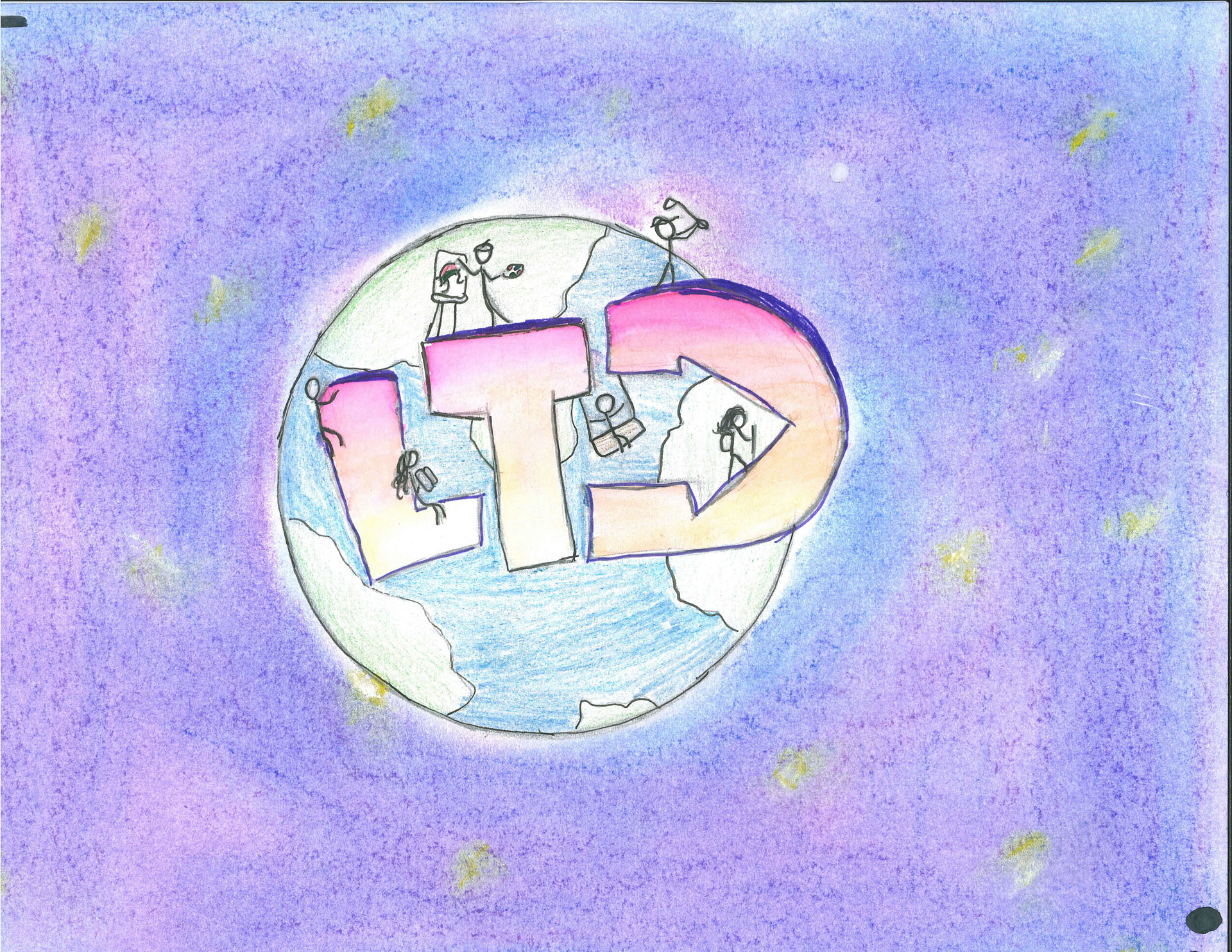 A drawing of Earth with large letters "LTD" across it, surrounded by small human figures, set against a purple sky with small yellow stars.