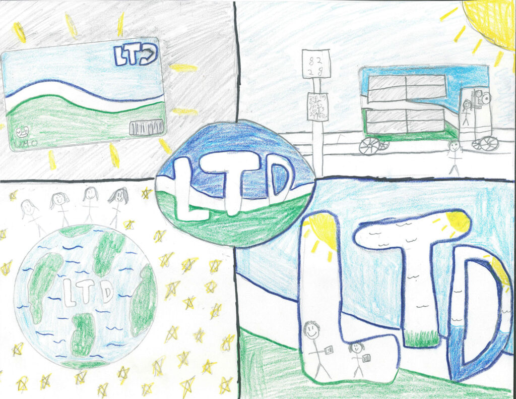 A hand-drawn collage featuring the acronym "LTD," stick figures, buses, the Earth, stars, and sunshine in various scenes with a green and blue color scheme.