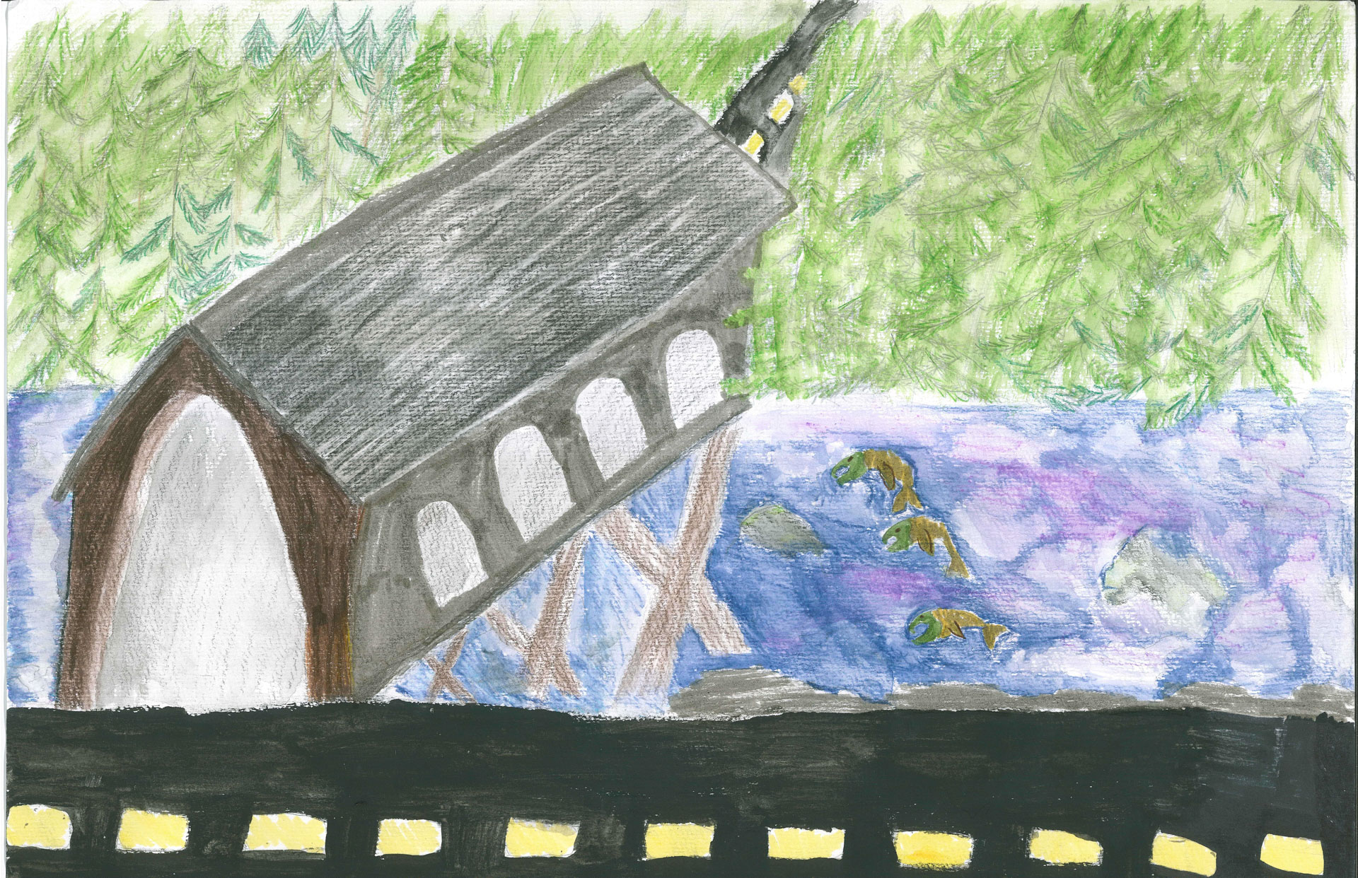 A covered wooden bridge crosses over a river with three fish visible in the water; trees and a road frame the scene.