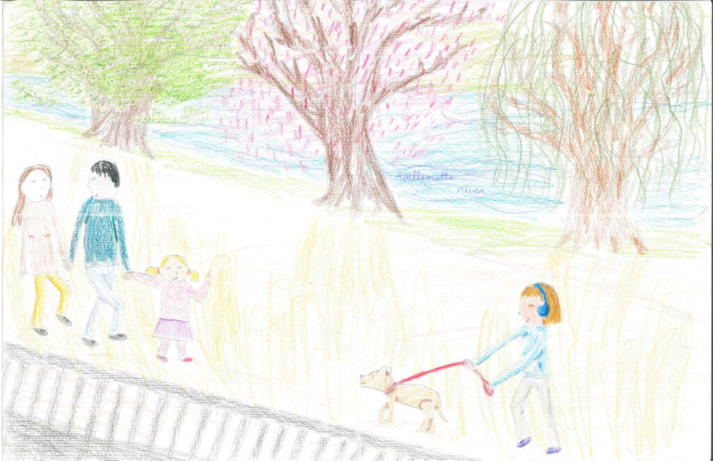 A child with headphones walks a dog on a leash, while another adult and two children walk together nearby. Trees with pink blossoms and a river are in the background.