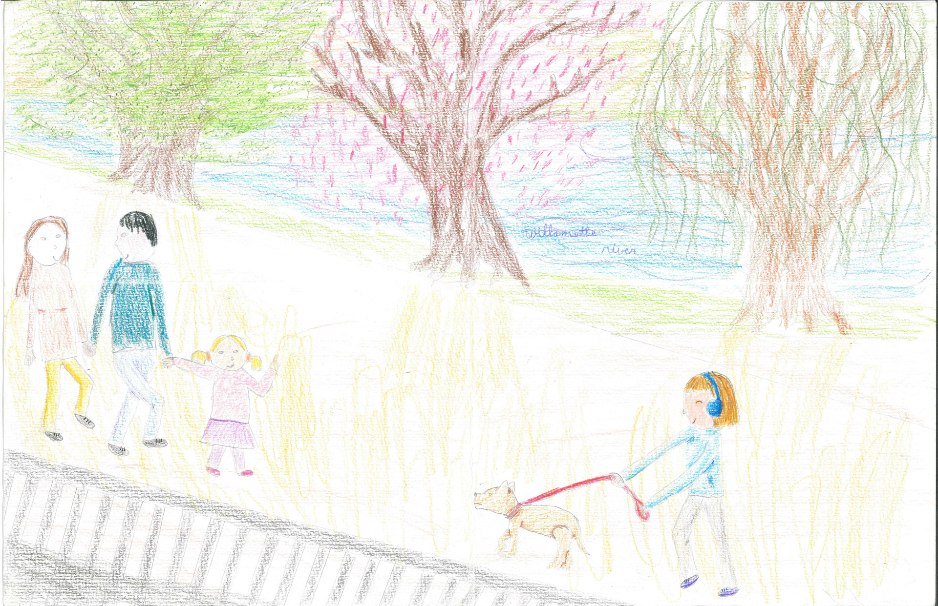 A child with headphones walks a dog on a leash, while another adult and two children walk together nearby. Trees with pink blossoms and a river are in the background.