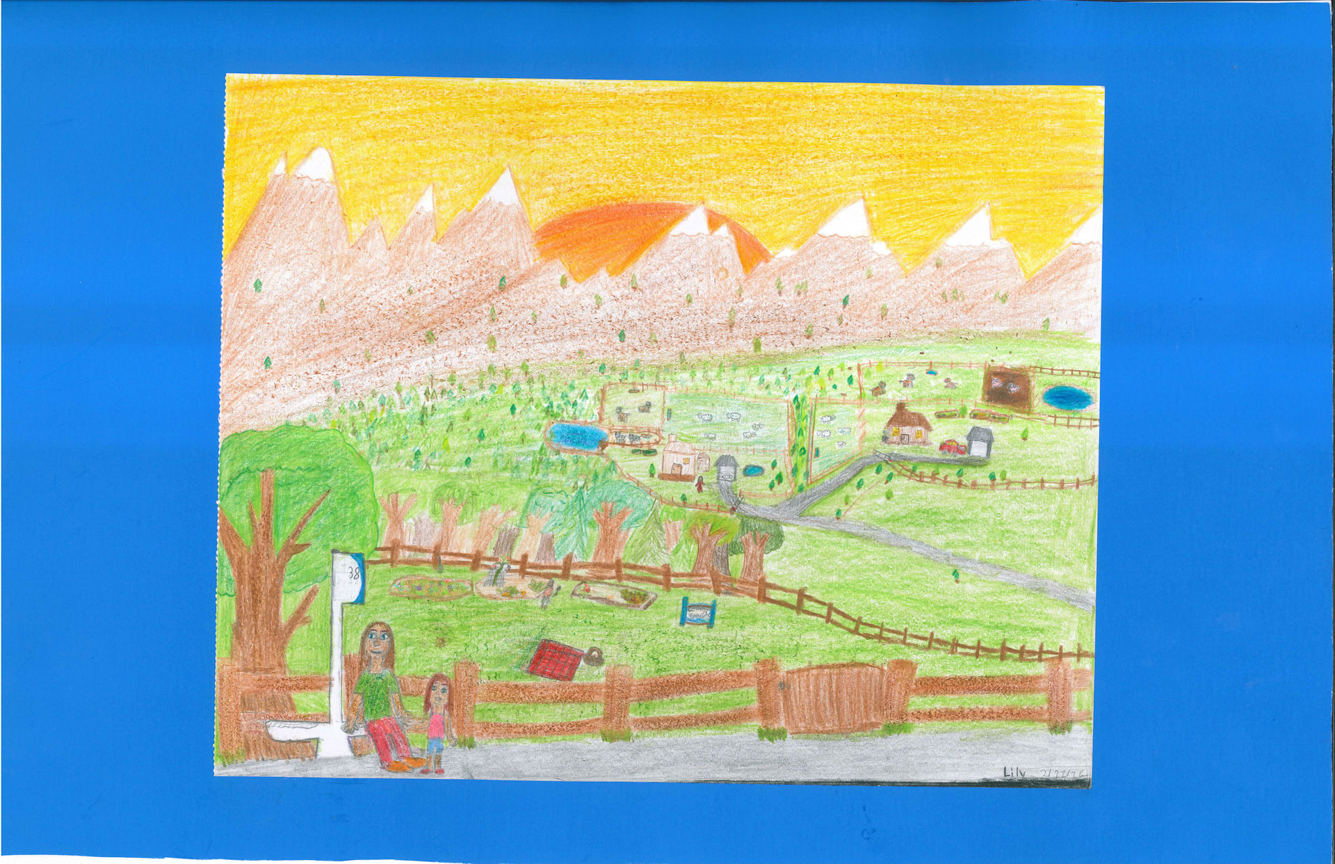 A hand-drawn rural landscape shows mountains, trees, houses, and two people near a bus stop in the foreground, with a bright yellow sky above.
