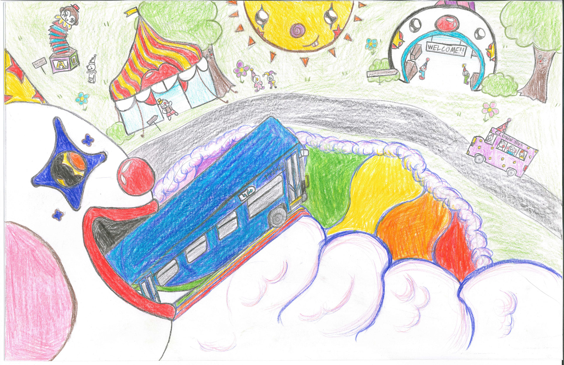A blue bus enters a clown&rsquo;s open mouth, with a circus tent, welcome sign, and ice cream truck visible in a colorful carnival scene.