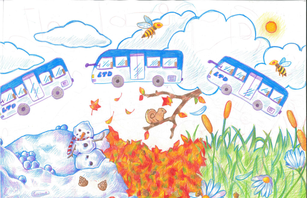 A snowman stands near a pile of blueberries and autumn leaves, while three buses float in the sky with bees, clouds, and a bright sun overhead. A snail is on a branch nearby.
